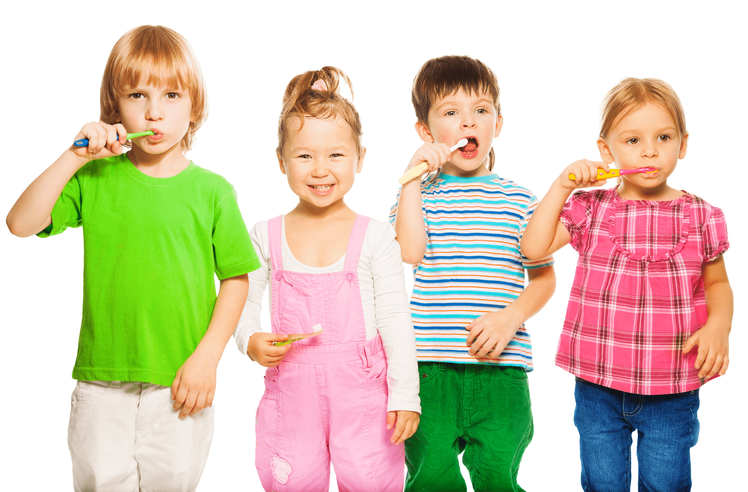Four smiling children brushing their teeth