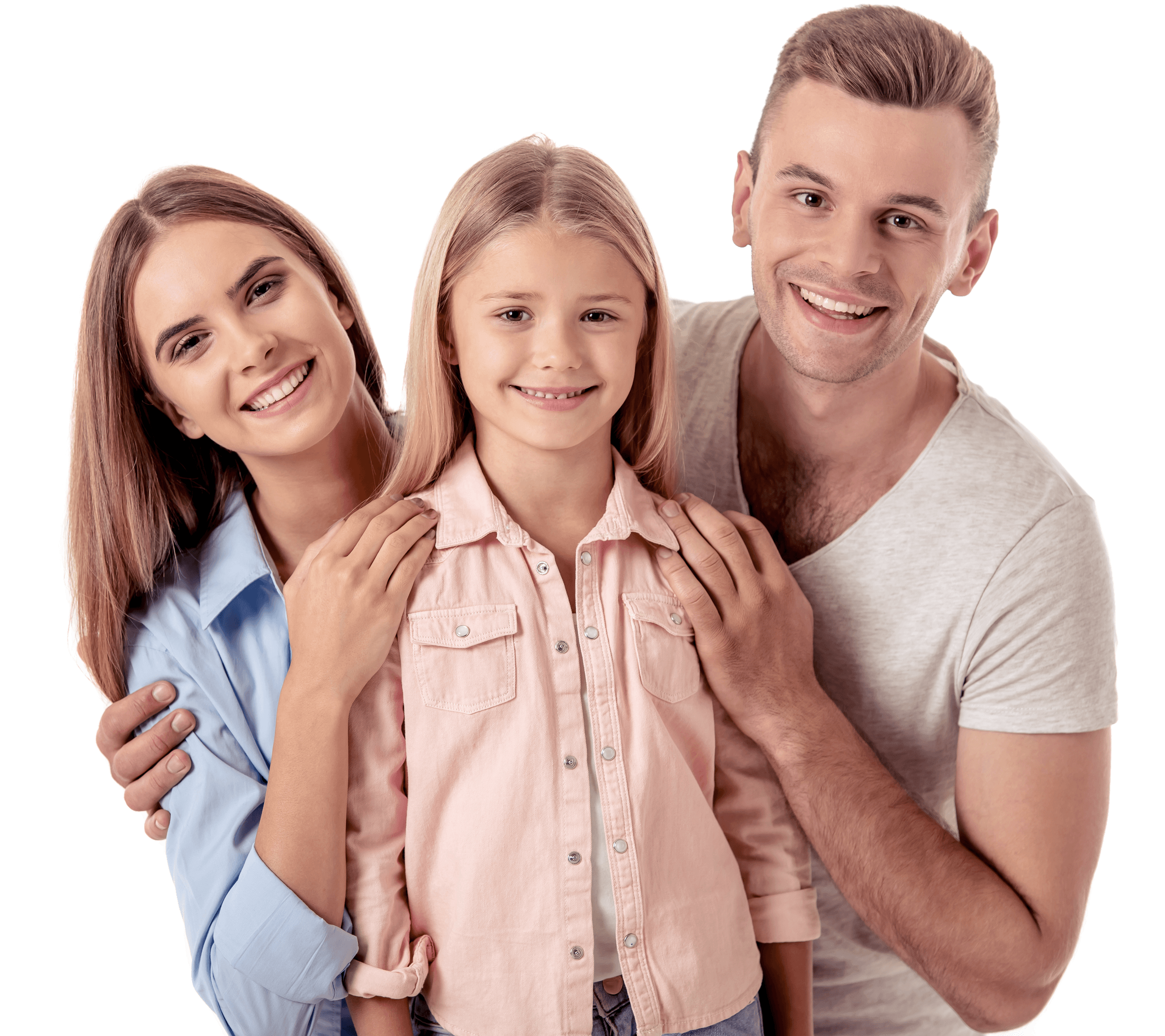 Father, mother, and daughter smiling and hugging
